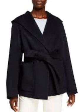 Vince Navy Hooded Belt Wool-Cashmere Belted Coat